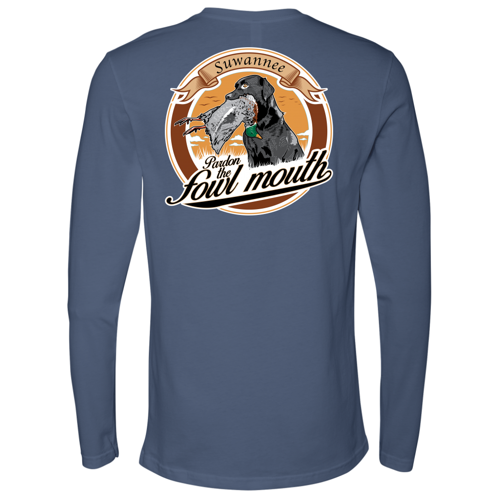 Black labrador with duck in mouth image on indigo color tshirt with slogan Pardon the Fowl Mouth by Suwannee Brand Apparel